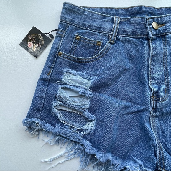 October Love frayed & distressed blue jean shorts - Picture 2 of 8
